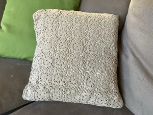 Vintage Handmade Cushion Cover Case Crochet Lace Beige Square Lined 39 X 42 cm - Picture 1 of 11