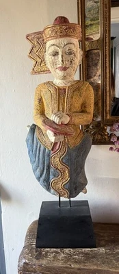  Burmese Carved Wood Thai Asian Musician Tall Wooden Stand Crackle Shabby Paint  - Image 1 of 4
