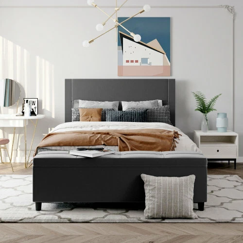 Marcos de cama de plataforma tapizados tamaño queen con cama de almacenamiento otomana para niños adultos Foto 1 de 4