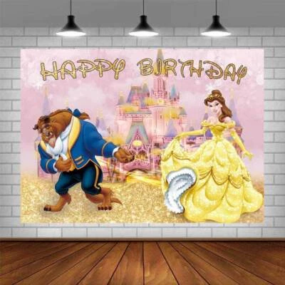 Póster de pancarta con telón de fondo decoraciones de fiesta de cumpleaños de La Bella y la Bestia 7x5 pies Foto 1 de 4