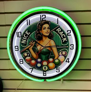 NICE RACK BILLIARD BALLS 8 BALL POOL TABLE METAL LARGE 2 RING NEON CLOCK - Picture 1 of 2