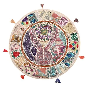 Bohemian Round Floor Pillow Cover Vintage Patchwork White 28x28 Cotton Seat - Picture 1 of 4