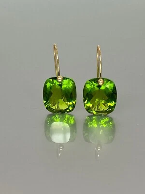 Peridot Earrings 10k Solid Gold Green Cushion Dangle Earrings Gift For Her - Image 1 of 4