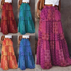 Women Bohemian High Waist Long Skirt Ladies Holiday Swing Baggy Boho Maxi Skirts - Picture 1 of 43