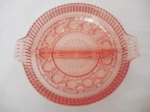 PEACH DEPRESSION GLASS 7 1/4" ROUND DIVIDED RELISH DISH W TAB HANDLES - Picture 1 of 4