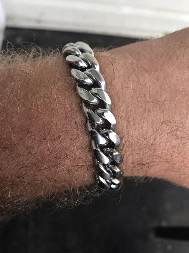 8mm-14mm Solid Miami Cuban Link Bracelet Silver Stainless Steel for Men Hip Hop - Image 1 of 4