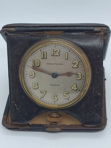 Antique 1926 WALTHAM 9J Mechanical Wind-Up 8 Day Travel Clock with Leather Case Cover