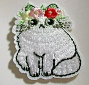 Little White Cat with Flowers Embroidered Patch sew or Iron On 2"x1.5" - Picture 1 of 1