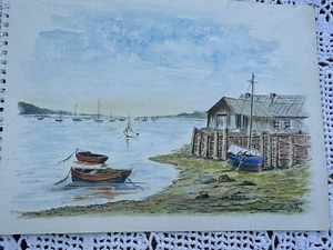Póster cuaderno de bocetos paisaje playa barcos amarrados artista desconocido o necesita enmarcado - Imagen 1 de 3