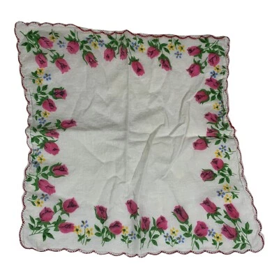 Винтажный весенний розовый бутон розы цветочный угловой зубчатый край носовой платок - Изображение 1 из 3