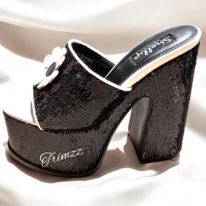 Größe 5……..Pailletten schwarz & weiß offene Zehenpartie Slipper Absätze. Neu…..Shelly’s London - Bild 1 von 8