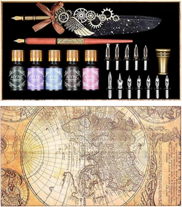 Calligraphy Quill Pen and Ink Set,Feather Pen Set Includes Quill Pen,Wooden Dip - Picture 1 of 7