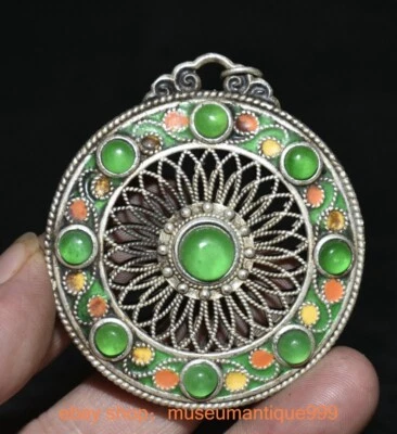 2.6" Old China Chinese Silver inlay green gem flower lucky Amulet pendant - Image 1 of 4