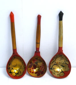 3 Khokhloma Russian Wooden Spoons Vintage Hand Painted Gold Floral Berry Lot  - Picture 1 of 13