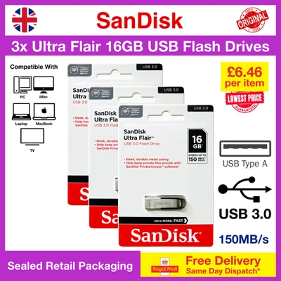 3x SanDisk Ultra Flair 16GB USB Flash Drive, 150MB/s, Free Delivery - Image 1 of 4