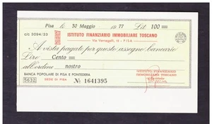 Assegno Bancario Istituto Finanziario Immobiliare Toscano Pisa 100 L. 1977 - Picture 1 of 1