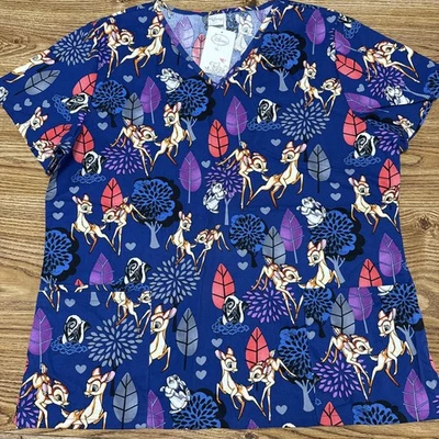 Disney Womens Medical Scrub Top Bambi Thumper Flower Colorful Large New - Image 1 of 4