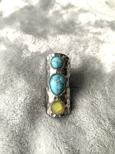 Boho Statement Ring Silver Hammered Faux Turquoise Gemstone Adjustable Long - Picture 1 of 9