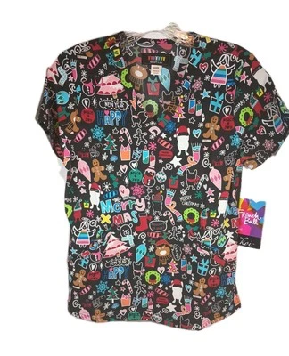 French Bull Koi  Christmas  Women Scrub Top V-Neck  XXSmall  New - Image 1 of 4