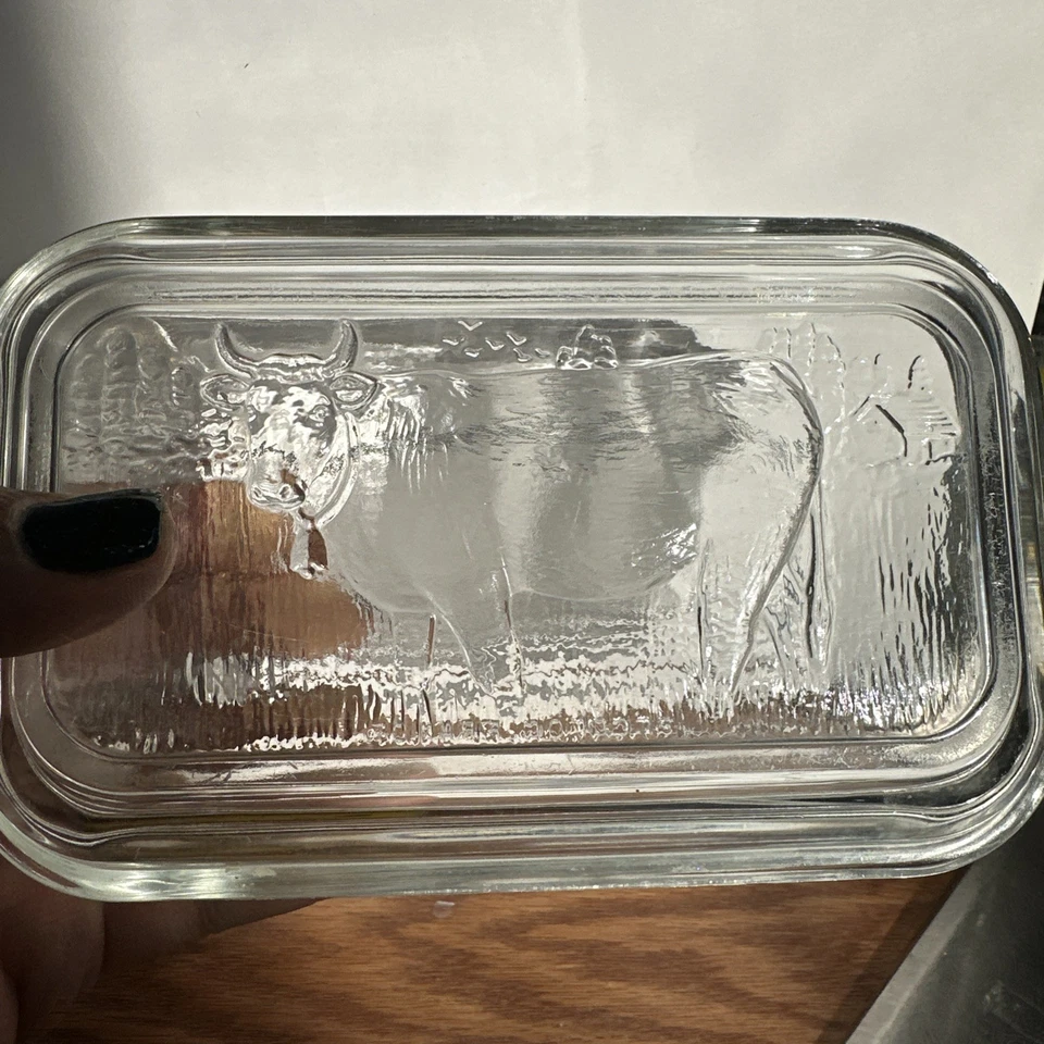 Arcoroc France Vtg  Cow Butter Dish Clear Glass Cont. w/ Lid ribbed base 6”x 3” - Image 1 of 4