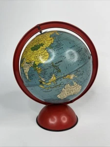 Vintage 8–1/2” Tall Replogle Globes, Inc Tin Litho 6” Globes W/Red Base - Picture 1 of 7