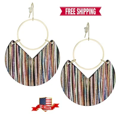 Beautiful Multi-Color Striped Boho Statement Hoop Lightweight Earrings 18K Wires - Image 1 of 4