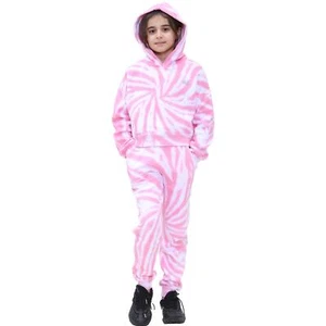 Kids Tie Dye Pink Tracksuit Gym Cropped Hoodie Sweatpants Cord Set Girls - Picture 1 of 3