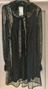 BNWT River Island Lace Pussybow Frill Tea Black Dress Size 12 Eu 38 Us 8 - Picture 1 of 3