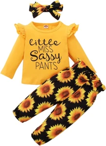 YALLET 3Pcs Toddler Girl Clothes,Solid Color Long Sleeves Ruffle Top+ Floral Pan - Picture 1 of 12