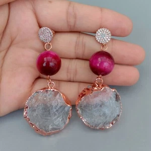 Fuchsia Tiger Eye Clear Quartz Rough Raw Coin Shape Dangle Stud Earrings - Picture 1 of 6
