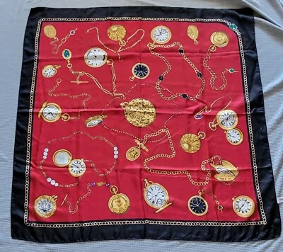 Vintage Echo Scarf 100% Silk Red Black Pocket Watches Clock . 34 x 34.5 inch - Image 1 of 4