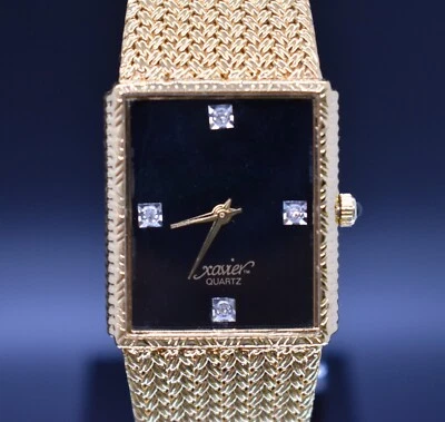 Xavier Men's Watch Gold Mesh Band Black Dial Diamond-Style 90s VTG NEW BATTERY - Image 1 of 4