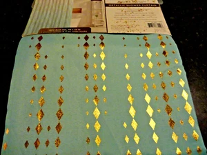 new 13 pc Teal blue gold diamond metallic geo Fabric SHOWER CURTAIN silver hooks - Picture 1 of 5