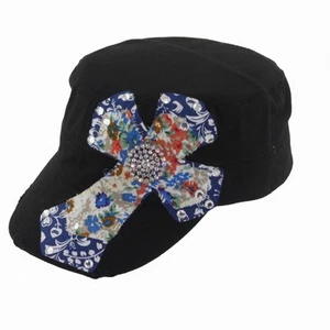 LADIES MILITARY CAP WITH RHINESTONE CROSS -- BLACK -- NEW - FREE SHIPPING - Picture 1 of 2