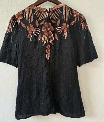 Blusa Top LAWRENCE KAZAR DE COLECCIÓN Lentejuelas con Cuentas 100% Seda Negra y Dorada Nueva con Etiquetas Foto 1 de 4