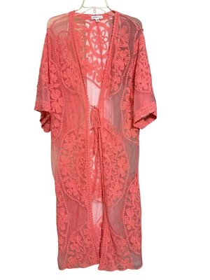 Womens Kimono Robe Coral Pink M Cover Up Floral Lace Cottagecore Travel - Image 1 of 4