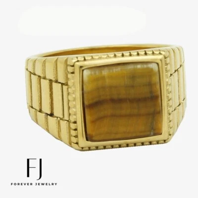 Anillo de acero inoxidable marrón, ojo de tigre, chapado en oro para hombre talla 8 9-13 CAJA Foto 1 de 4