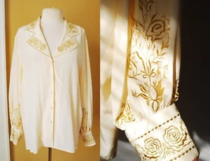 1980s Silk Diane Von Furstenberg Button Up L Gold Roses Bishop Sleeve Embroidery - Picture 1 of 10