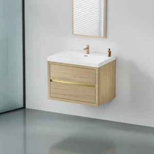30" Floating Wall-Mounted Bathroom Vanity W/ 2 Drawers Stone Resin Sinks Natural - Picture 1 of 9