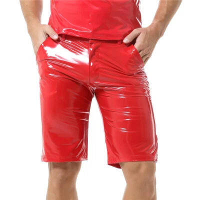 Men's Wet Look Latex PU Leather Shorts Nightclub Dance Middle Pants With Pockets - Image 1 of 4