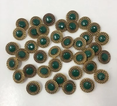 3 Green Faux Rhinestone Shank Buttons with Antique Gold Circular Rope Edge AA43 - Image 1 of 4