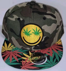 Camouflage Smiley Face Marijuana Leaf Weed Eyes Emoji Snapback Hat 420 Theme Cap - Picture 1 of 2