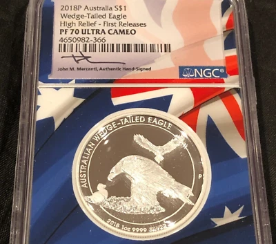 2018 AUSTRALIA $1 WEDGE-TAILED EAGLE HIGH RELIEF 1st RELEASES PF70 MERCANTI #41L - Imagem 1 de 4