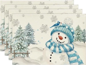 Blue Snowman Pines Snowflakes Christmas Placemats Set of 4, 30 X 45 Cm Seasonal - Picture 1 of 5