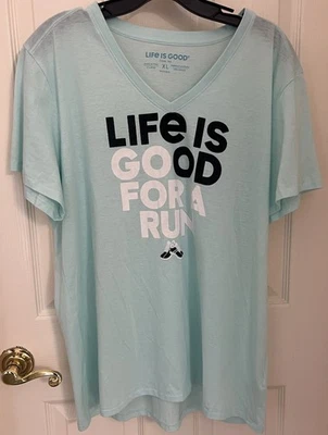 Life Is Good T-Shirt Cool Vee Tee GO FOR A RUN Shoes Mint Blue Green Womens XL - Image 1 of 4