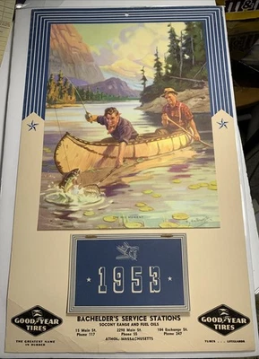 1953 Goodyear Tires Advertising Calendar  Men Fishing Canoe Athol Massachusetts - Image 1 of 4
