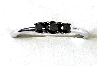 Natural Black Diamond Three Stone Ring / size 10 / 925 Sterling Silver / 0.35ct - Image 1 of 4