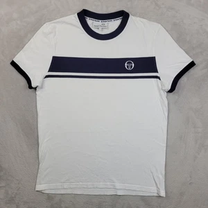 Sergio Tacchini Shirt Mens Large White Navy Blue Stripe Retro Tennis Italy Logo - Picture 1 of 7