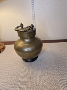 Kooja Pot Lidded Indian Vintage 20thC Brass Screw Top and integral cup 14cmH - Picture 1 of 13