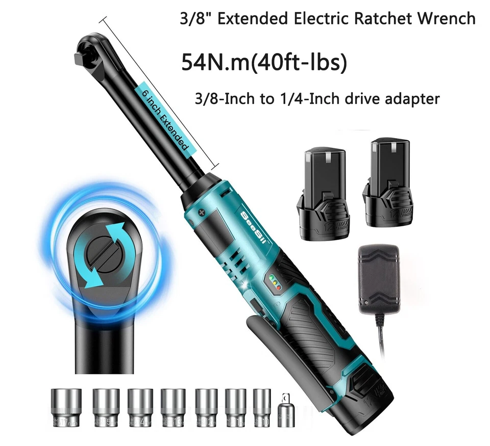 Seesii 3/8" Cordless Electric Ratchet Wrench Extended Head 40 Ft-lb 2PC Battery